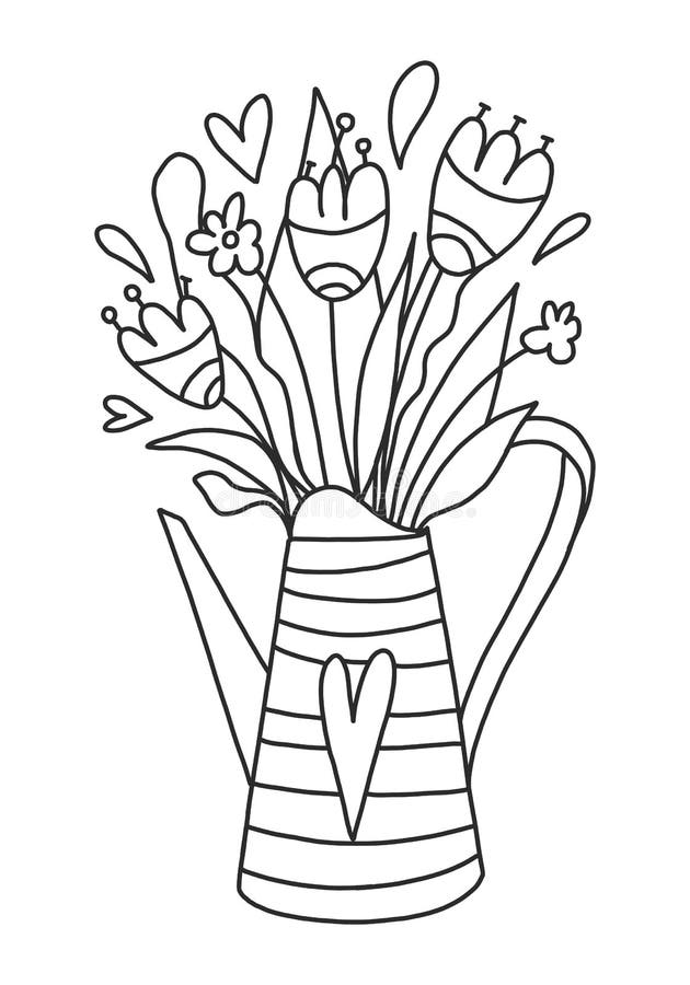 Vector coloring book for adults and children watering can with wildflowers in a cute style stock illustration