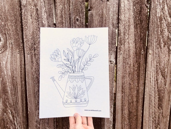 Watering can and wildflowers coloring sheet for adults and kids gardening coloring page flower doodle download printable coloring page