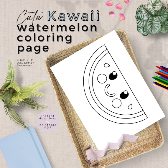 Cute kawaii watermelon slice coloring page printable watermelon coloring sheet simple coloring activity instant digital download pdf