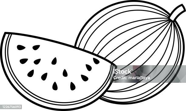 Coloring page slice and whole watermelon stock illustration