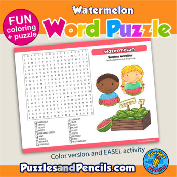 Watermelon word search puzzle and coloring activity page summer activities