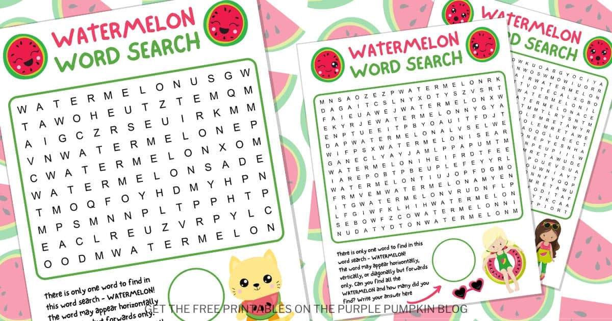 Free printable watermelon word search fun puzzle for kids