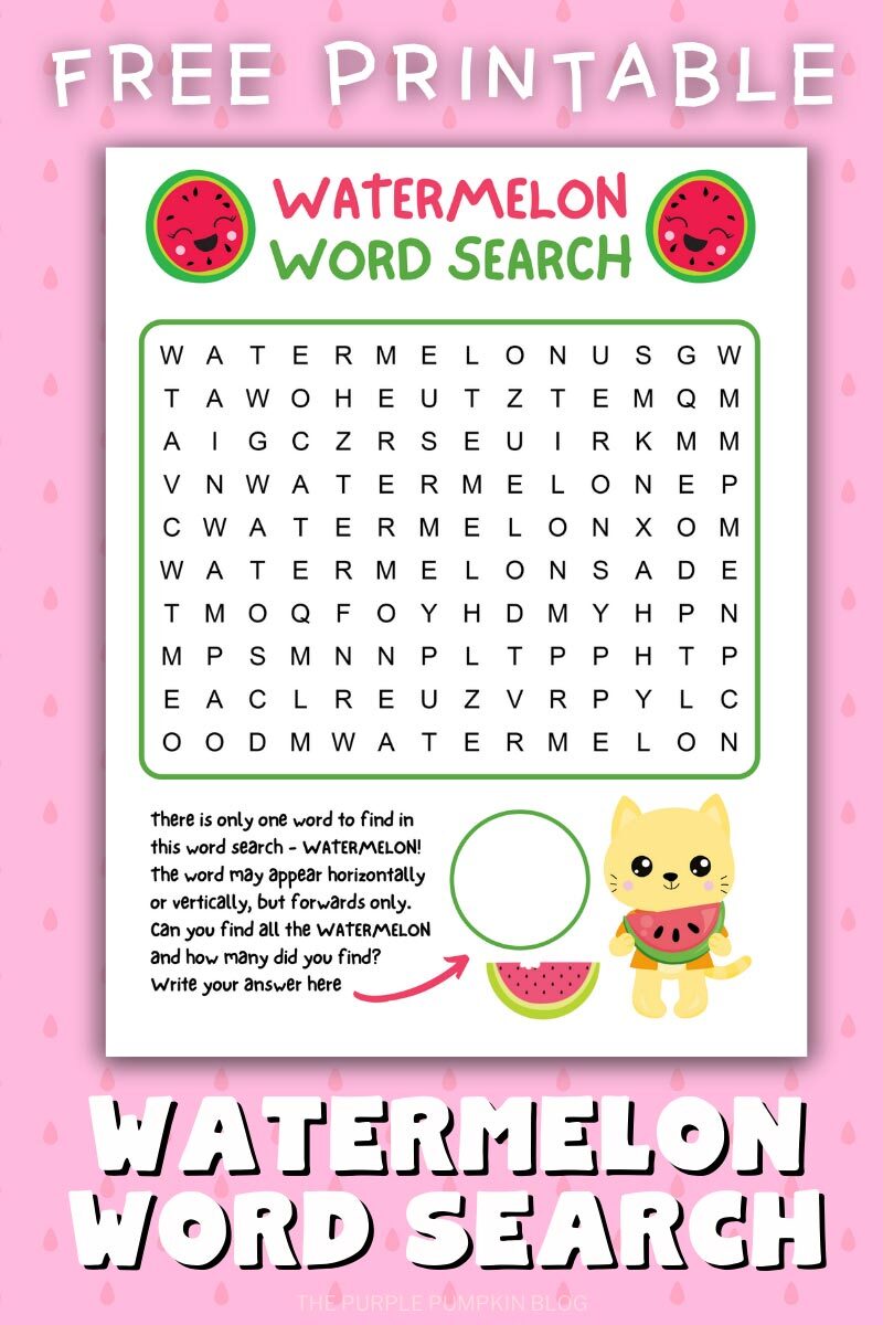 Free printable watermelon word search fun puzzle for kids