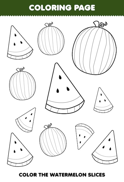 Premium vector education game for children coloring page of cute cartoon watermelon fruit line art printable worksheet