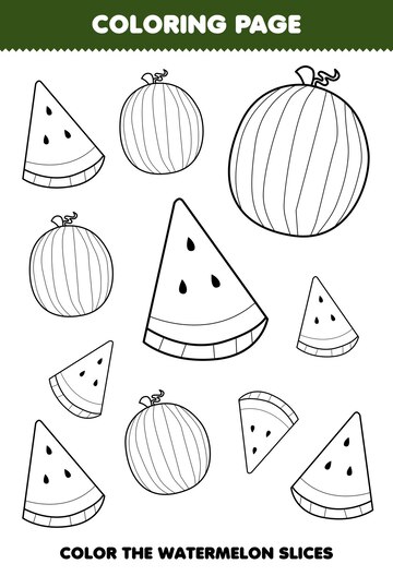 Premium vector education game for children coloring page of cute cartoon watermelon fruit line art printable worksheet