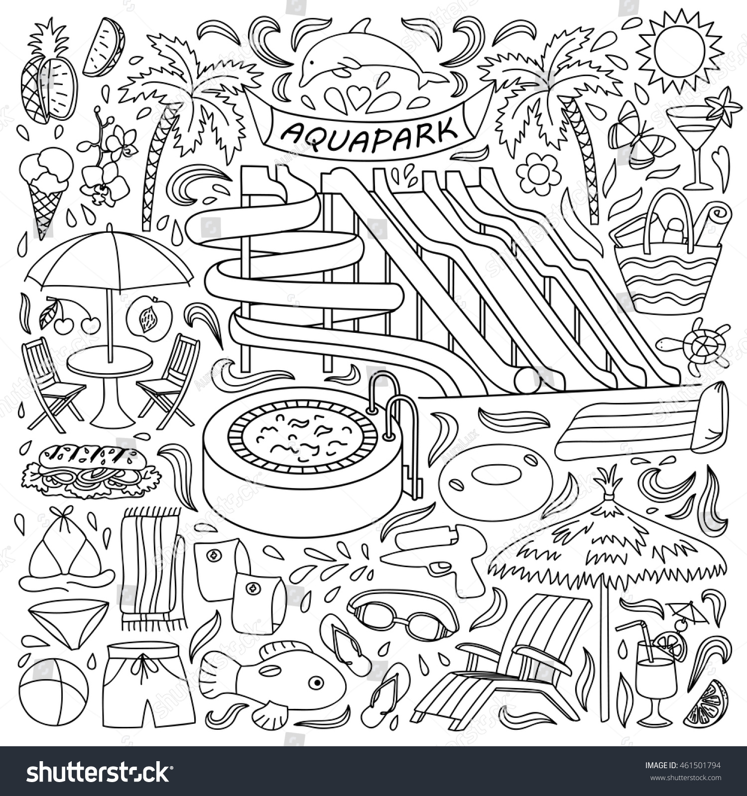 Hand drawn aquapark set water entertainment stock vector royalty free