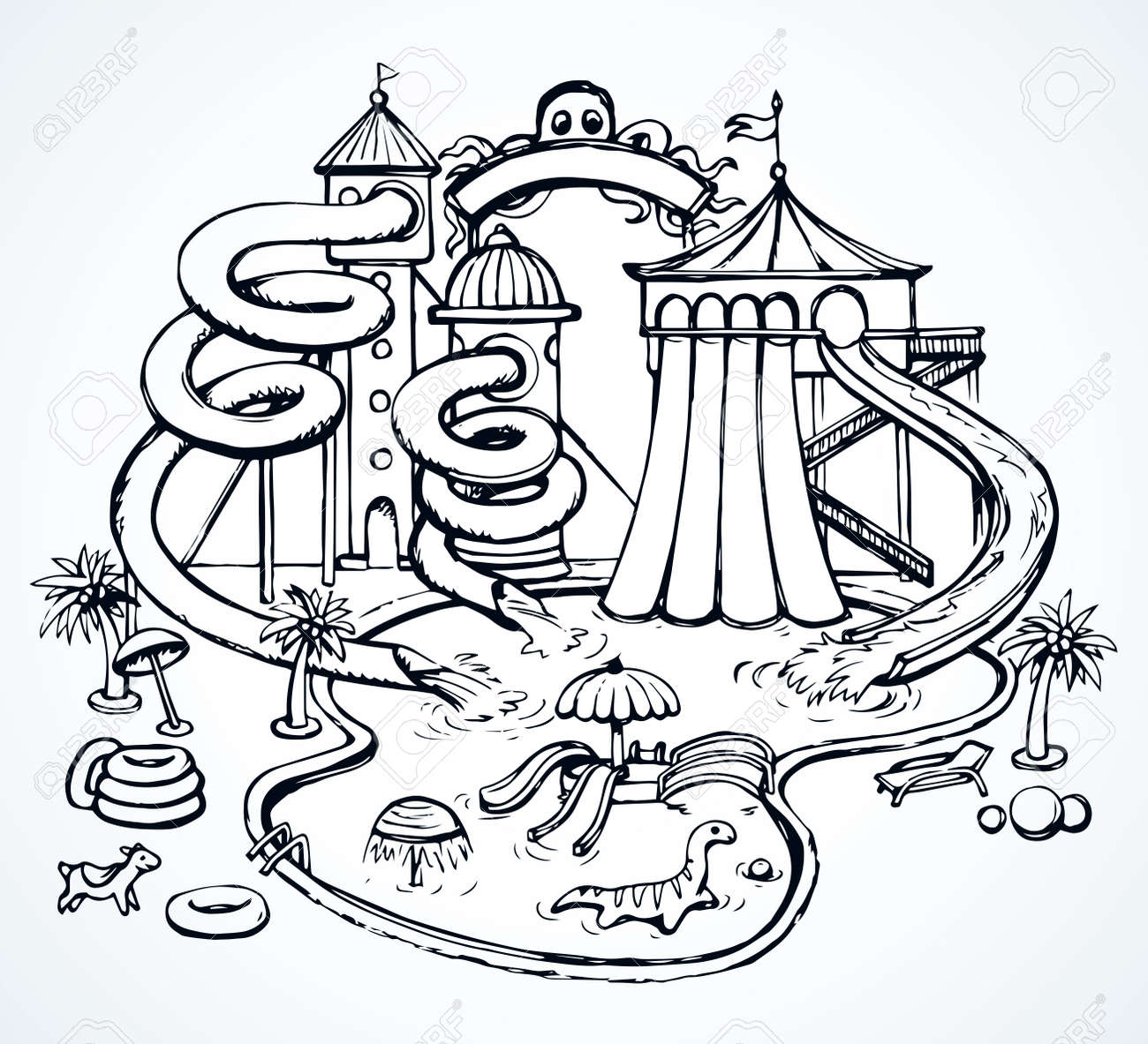 Big funny cute wet kid ride motion line element set on white sky outline black ink hand drawn family fast rest theme movement emblem pictogram in modern art doodle style on paper