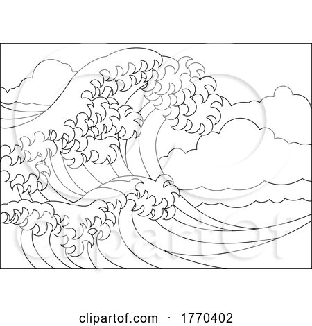 A japanese great wave outline coloring book page by atstockillustration