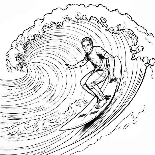 Premium ai image surfer riding wave coloring page in fisheye lens style