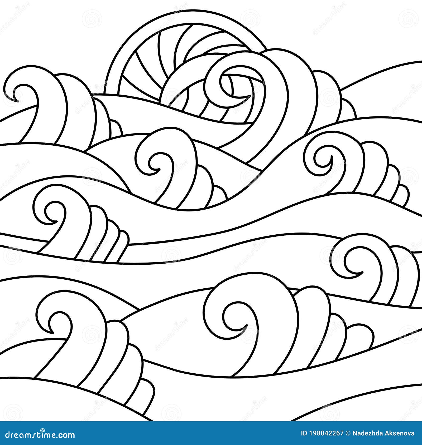 Sea waves and sun hand drawn illustration stock illustration