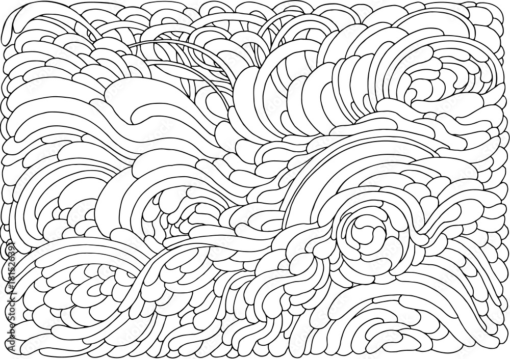Background with abstract waves black and white doodle vector illustration coloring book for adult and older children coloring page outline drawing vector