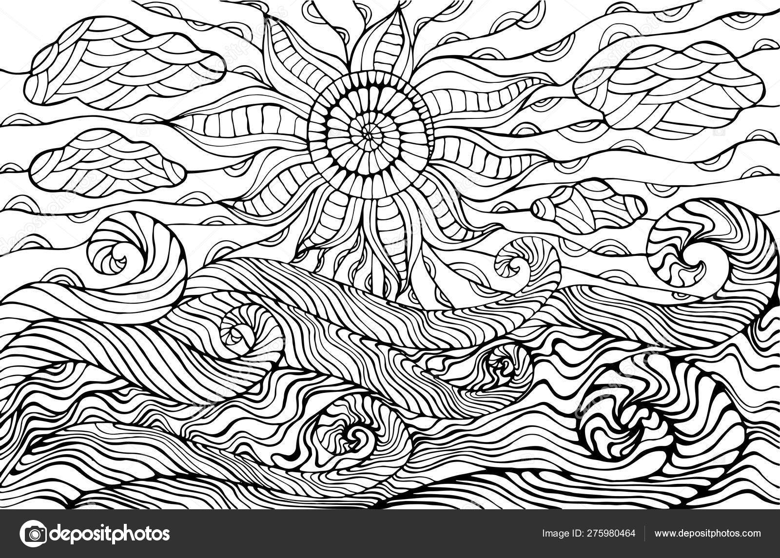 Doodle sun clouds and ocean waves coloring page for children an stock vector by olgaperpetuummobile