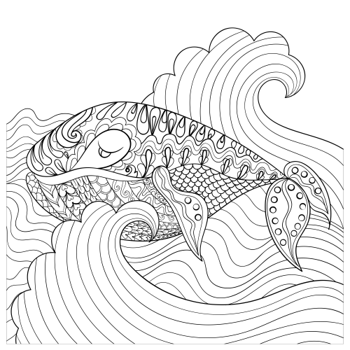 Hand drawn whale in the waves coloring page