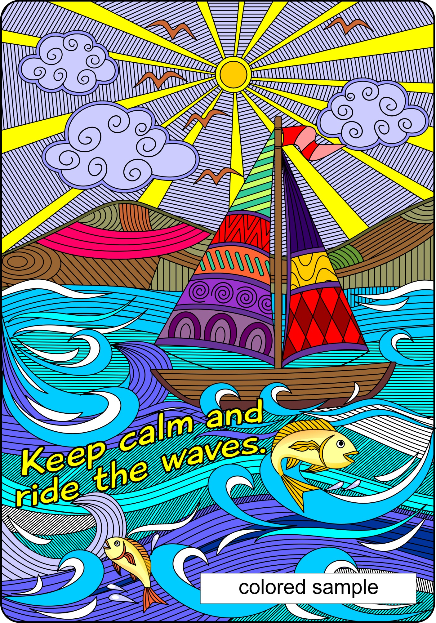 Keep calm and ride the waves coloring pages