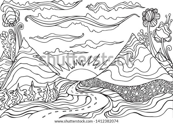 Creative coloring page fantasy mountain landscapecloudssun stock vector royalty free