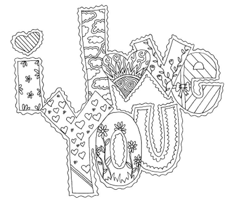 Art therapy coloring page hearts i love you