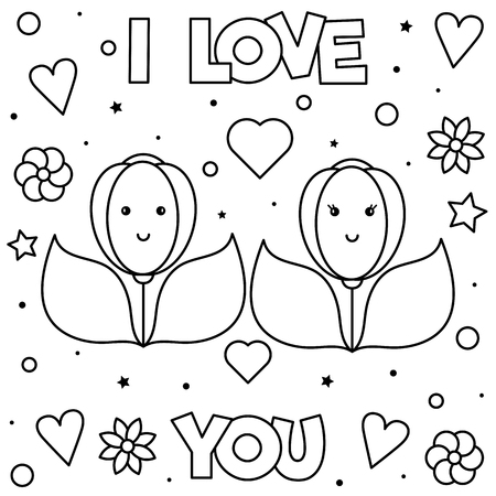 I love you coloring page black and white vector illustration of flowers