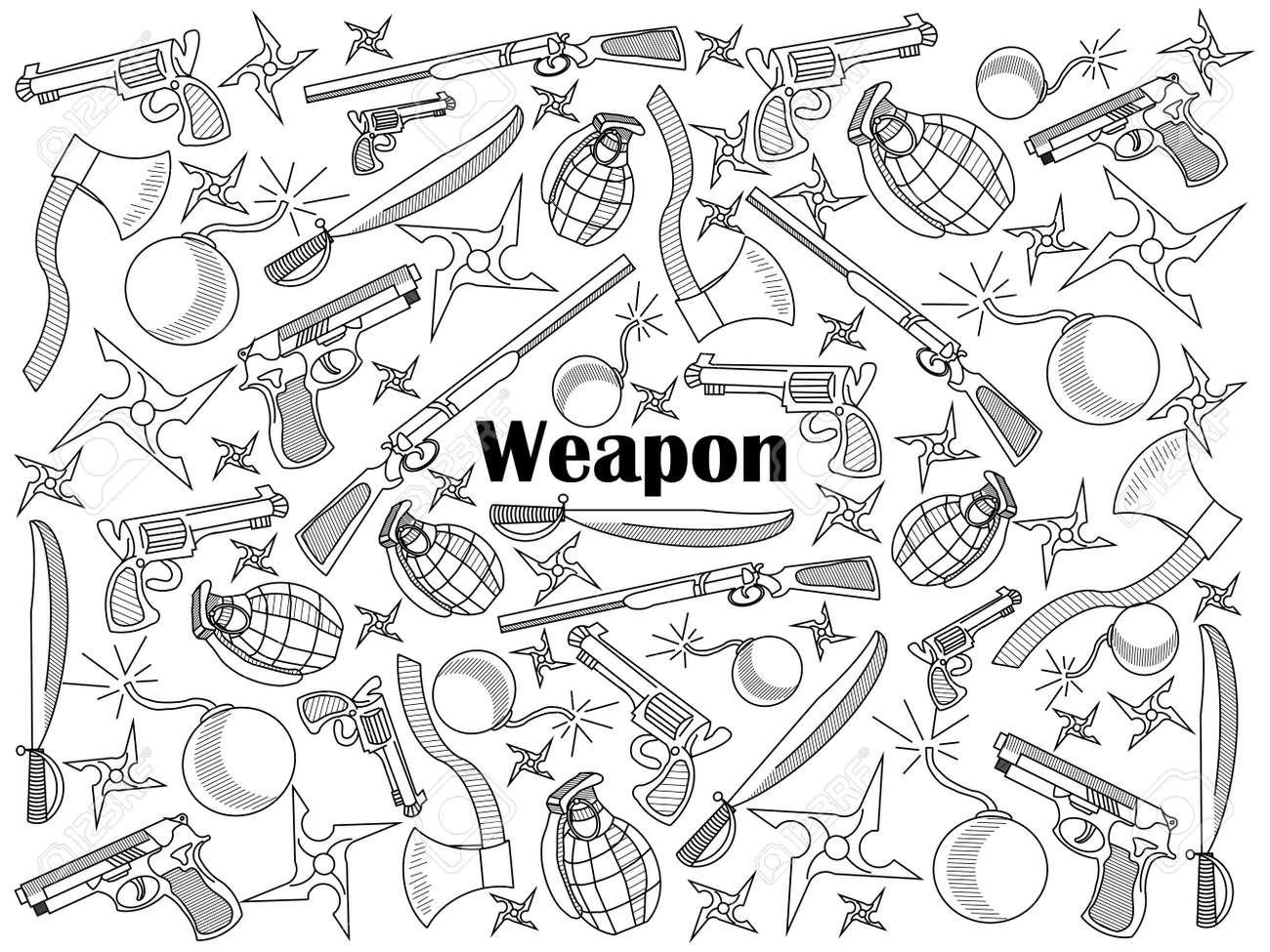 Weapon design colorless set vector illustration coloring book black and white line art royalty free svg cliparts vectors and stock illustration image