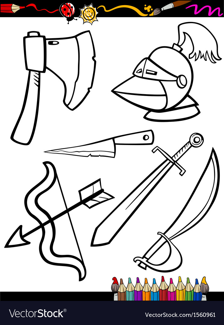 Cartoon weapons objects coloring page royalty free vector
