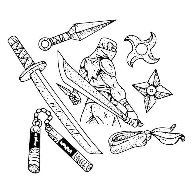 Premium vector doodle samurai sword line art element clipart
