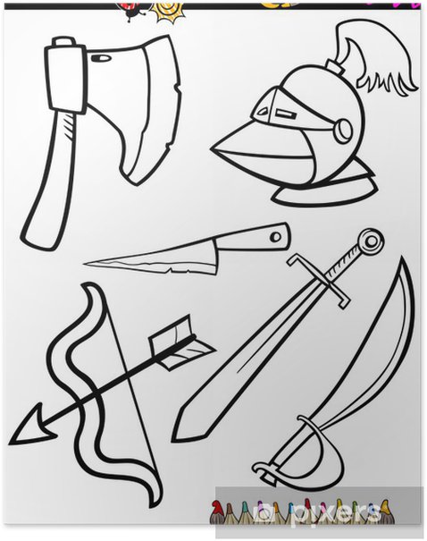 Poster cartoon weapons objects coloring page
