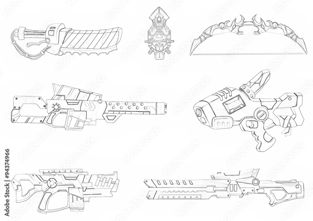 Illustration coloring book series boys favorite futuristic weapon arsenal soft thin line print it and bring it to life with color fantastic outline sketch line art design illustration