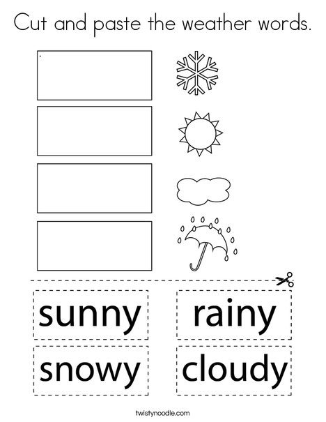 Cut and paste the weather words coloring page
