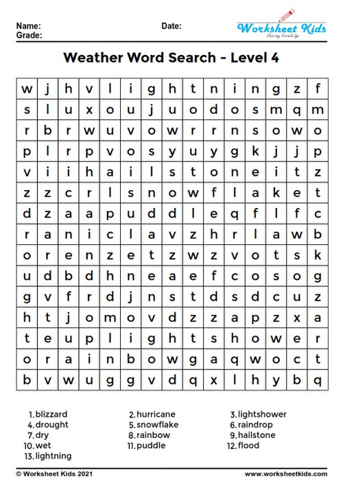 Weather word search and climate vocabulary puzzle with answers