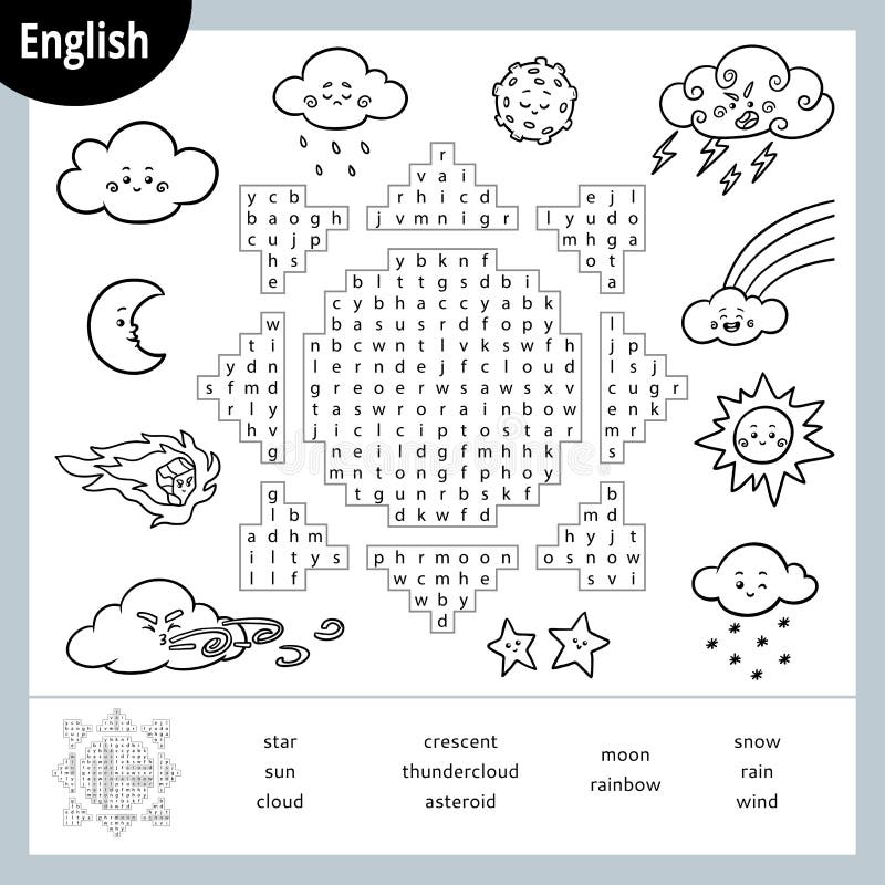 Word search puzzle cartoon weather items education game for children stock vector