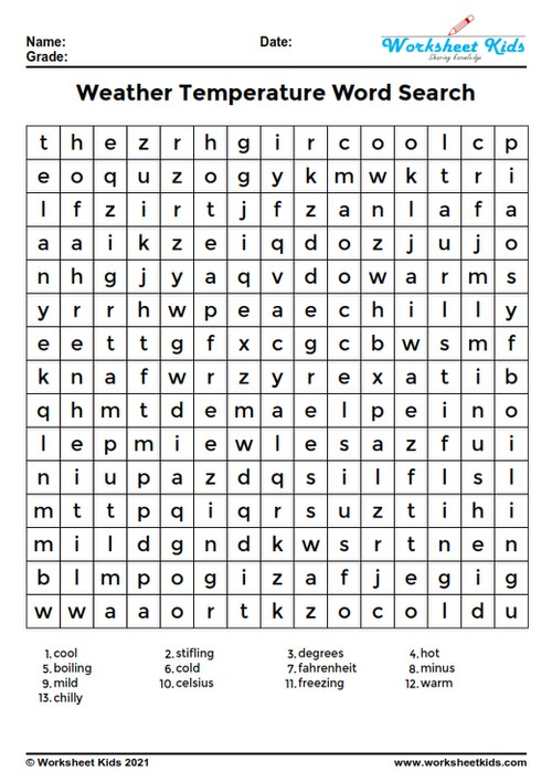Weather word search and climate vocabulary puzzle with answers