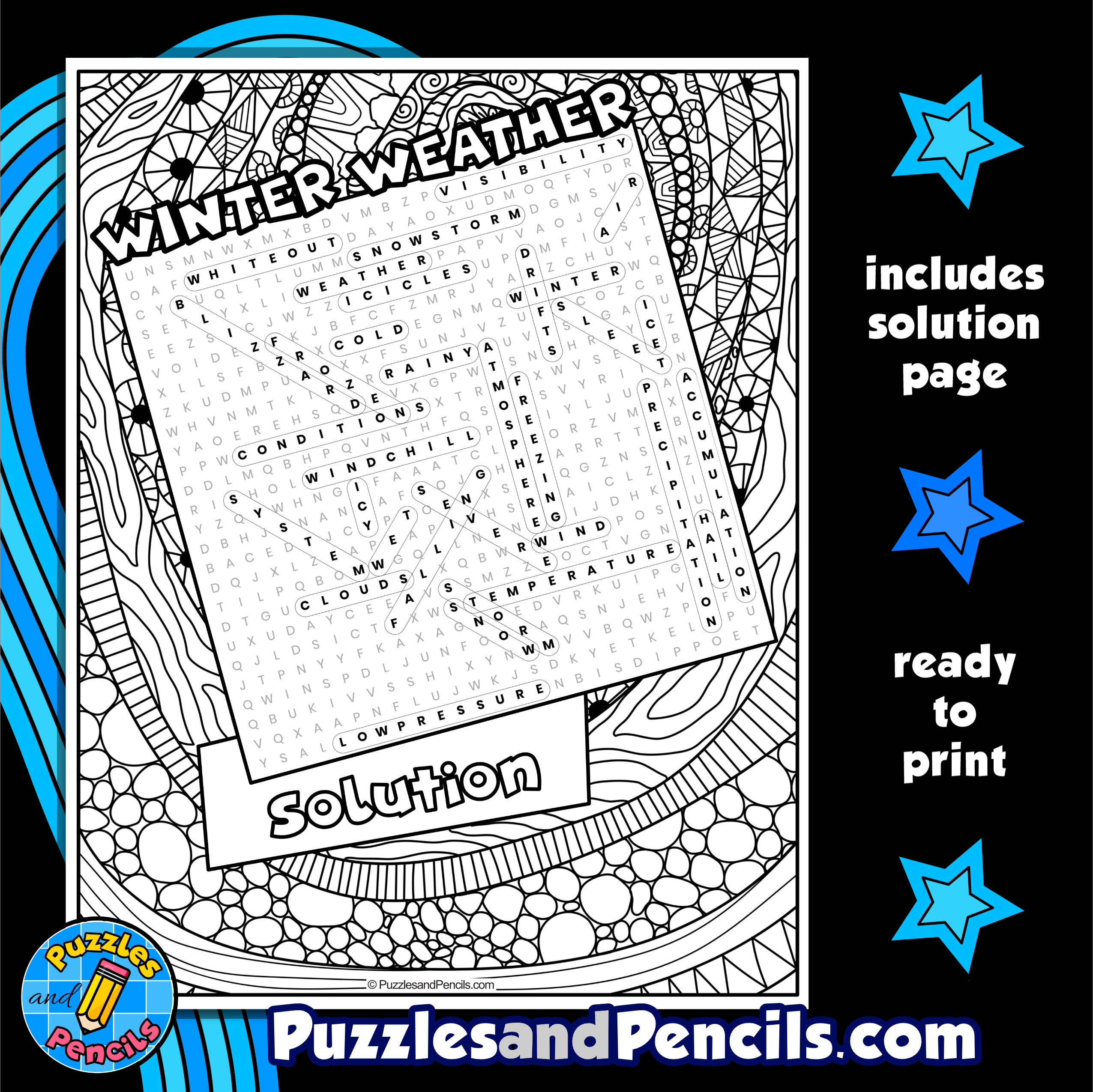 Winter weather word search puzzle activity page with coloring seasons made by teachers