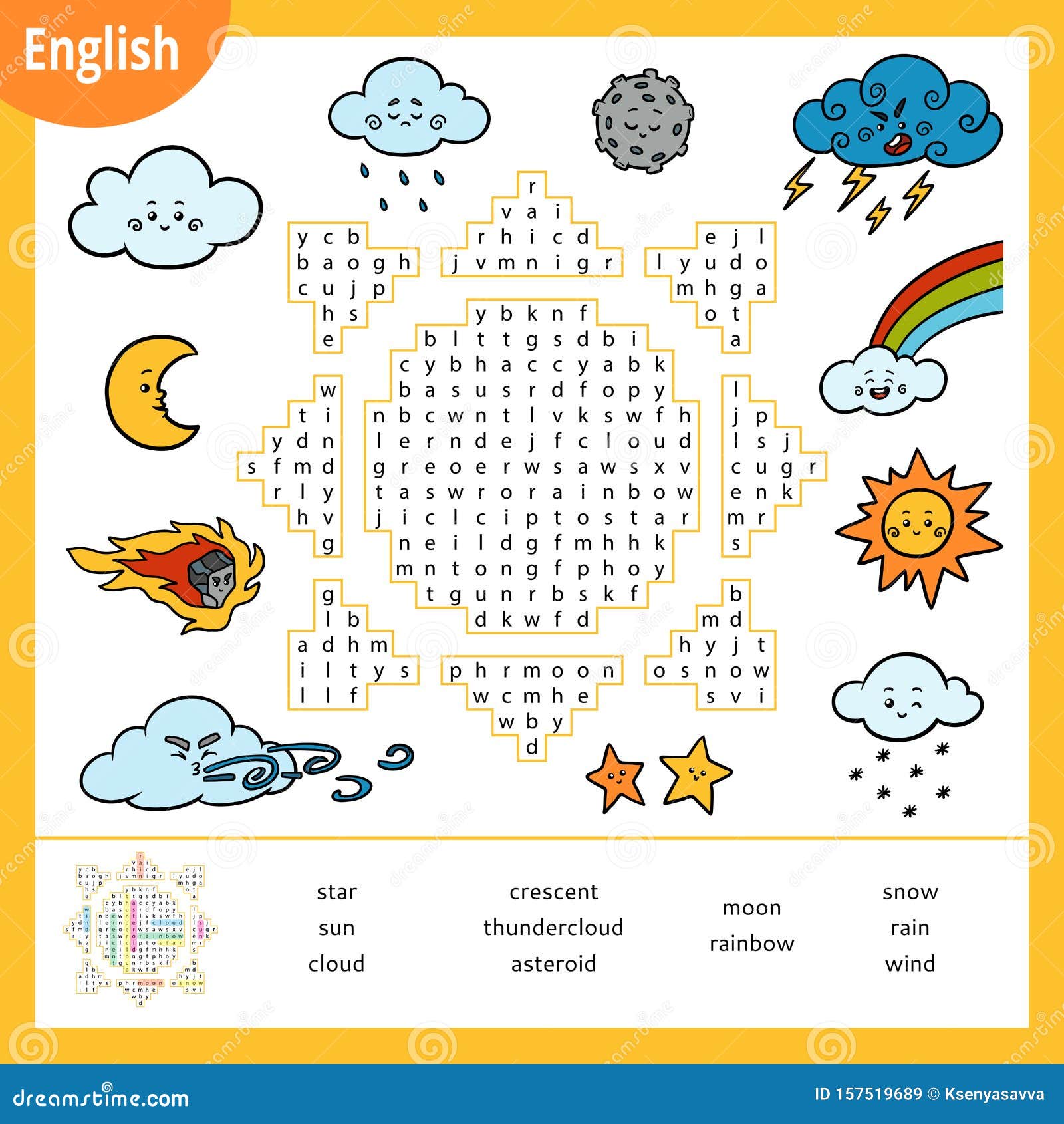 Word search puzzle cartoon weather items education game for children vector colour worksheet for learning english stock vector
