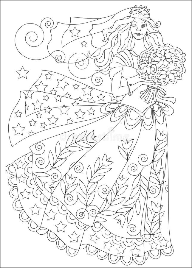 Black and white page for coloring beautiful girl in elegant wedding dress worksheet for children and adults stock vector