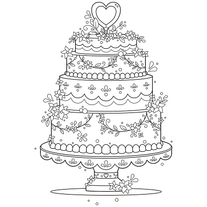 Coloring page of a wedding cake stock illustration