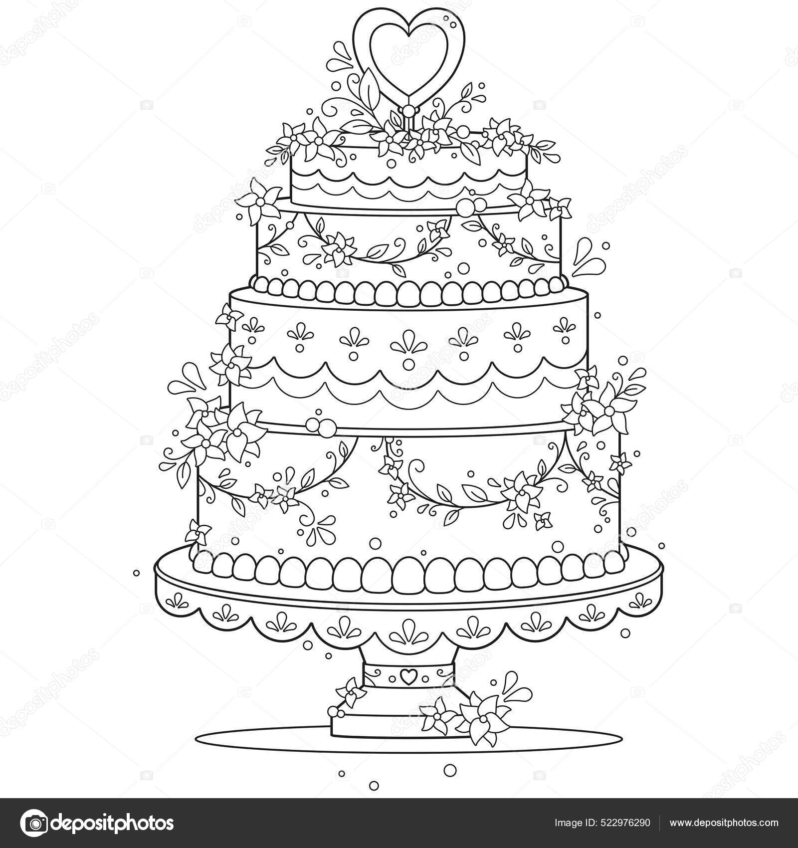 Black white adult coloring page decorative romantic wedding cake flowers stock vector by cairowhite