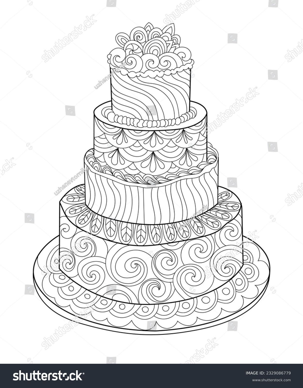 Handdrawn doodle cake coloring book adults stock