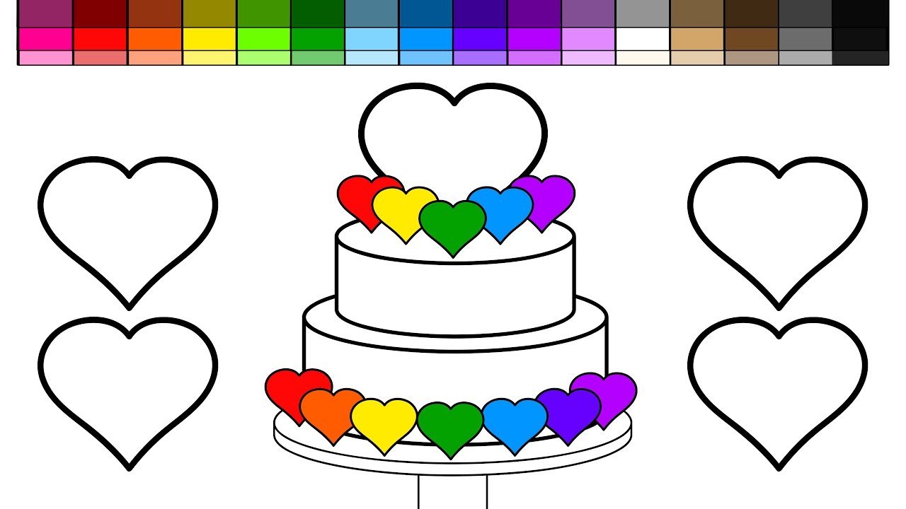 Learn colors for kids and color heart rainbow wedding cake coloring pages