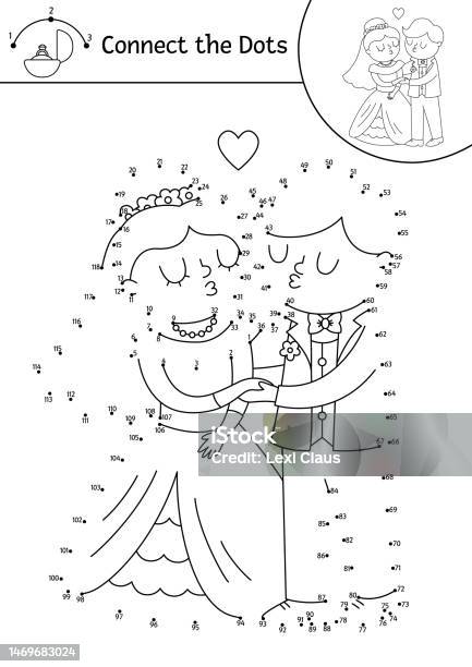 Vector dottodot and color activity with cute wedding bouquet connect the dots game for children with flower arrangement and bow marriage ceremony coloring page for kids stock illustration