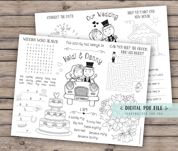Personalized kids wedding activity coloring placemat wedding reception favor kids wedding table activities coloring pages digital file
