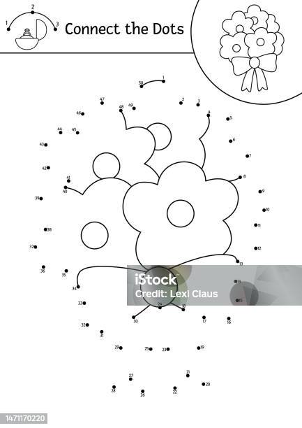 Vector dottodot and color activity with cute wedding bouquet connect the dots game for children with