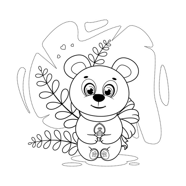 Premium vector coloring page cute little bear with a wedding ring