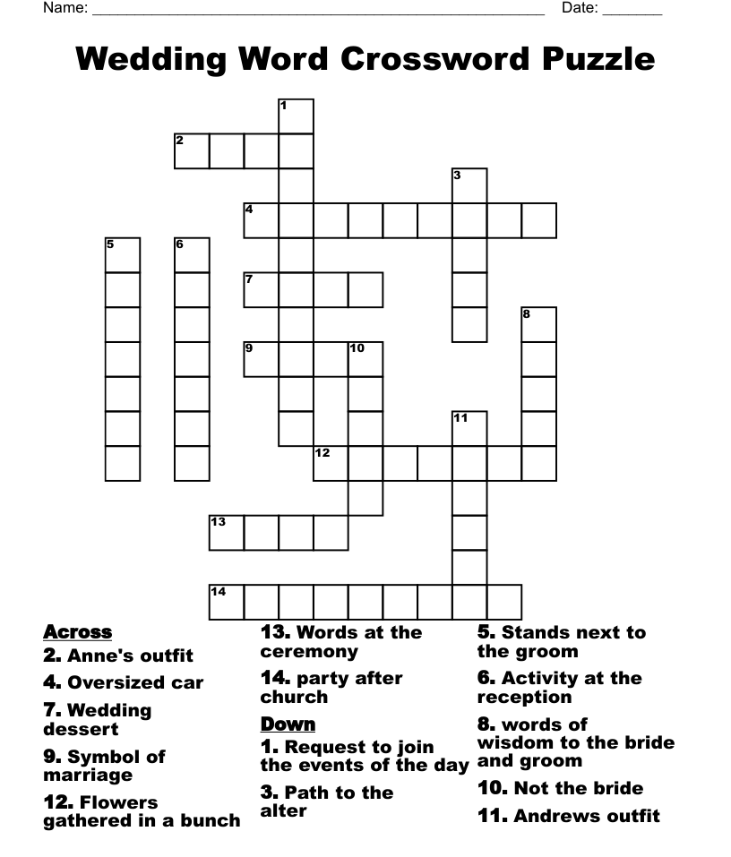 Wedding word crossword puzzle