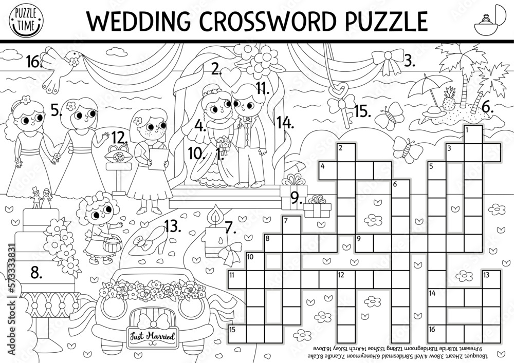 Vector black and white wedding crossword puzzle for kids simple line quiz with marriage landscape coloring page or activity with bride groom cake cute cross word with holiday scene vector