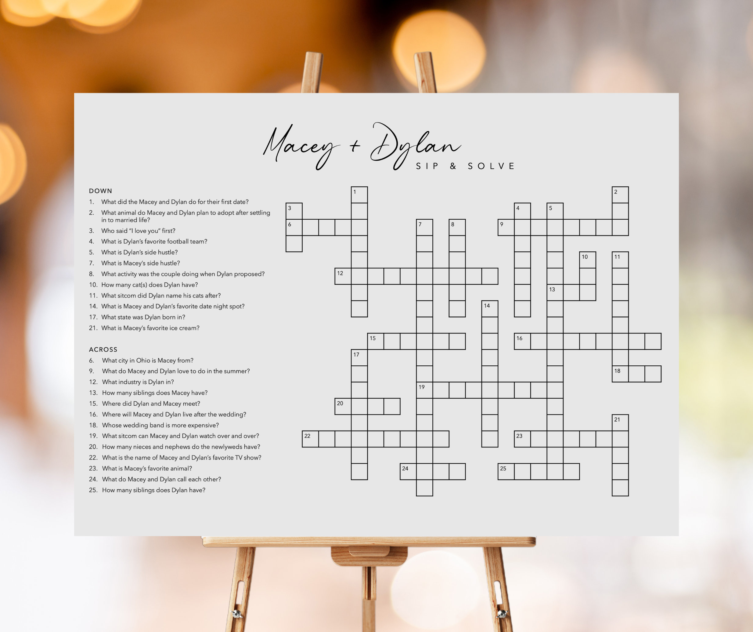 Custom wedding crossword puzzle personalized sip solve shower game custom rehearsal dinner wele bag printable digital delivery