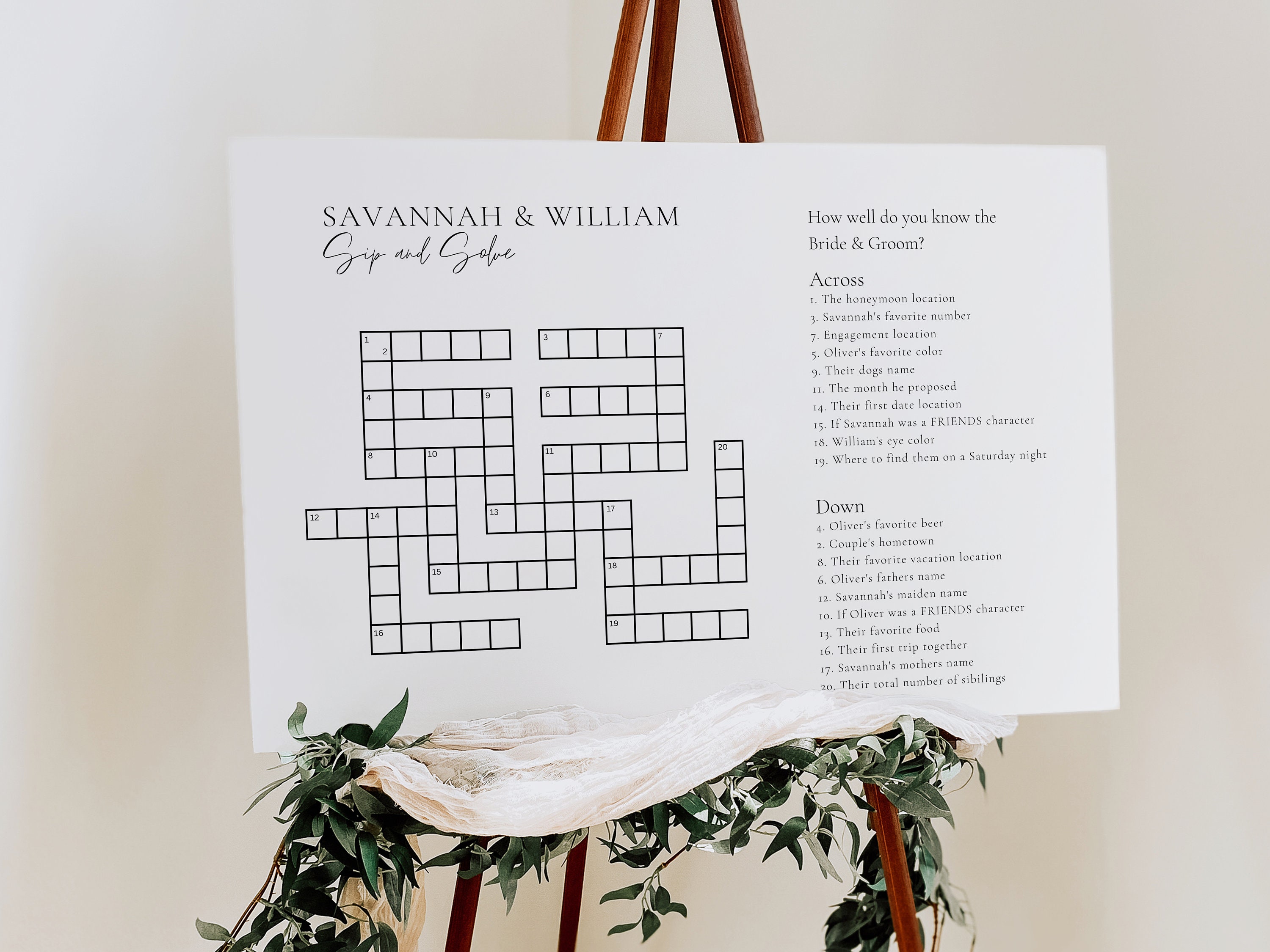 Custom minimalist wedding crossword sip and solve puzzle sip and solve for wedding boho wedding game crosswords akrotiri