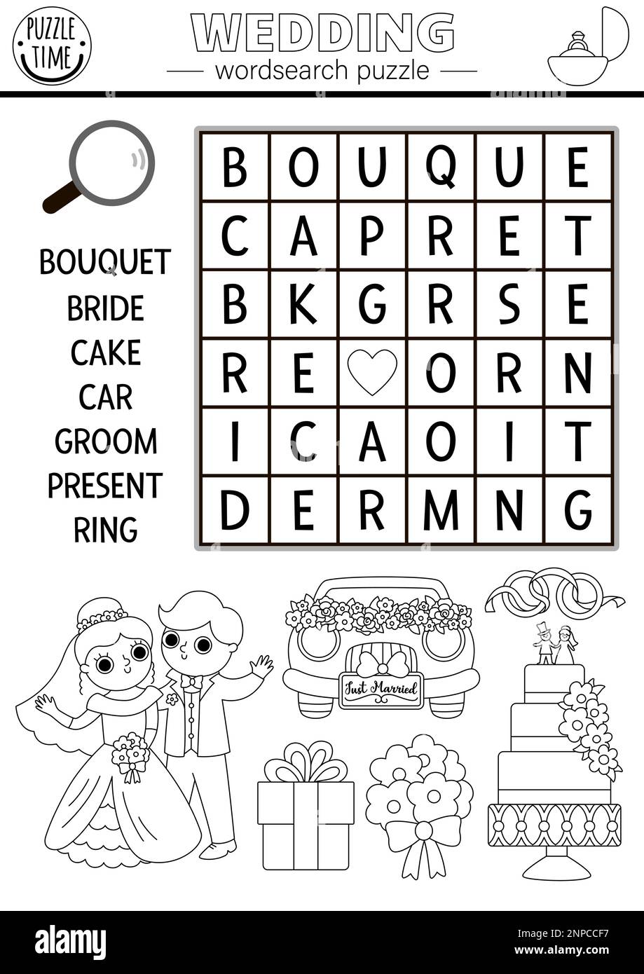 Vector black and white wedding wordsearch puzzle for kids simple word search quiz with marriage ceremony landscape for children educational activity stock vector image art