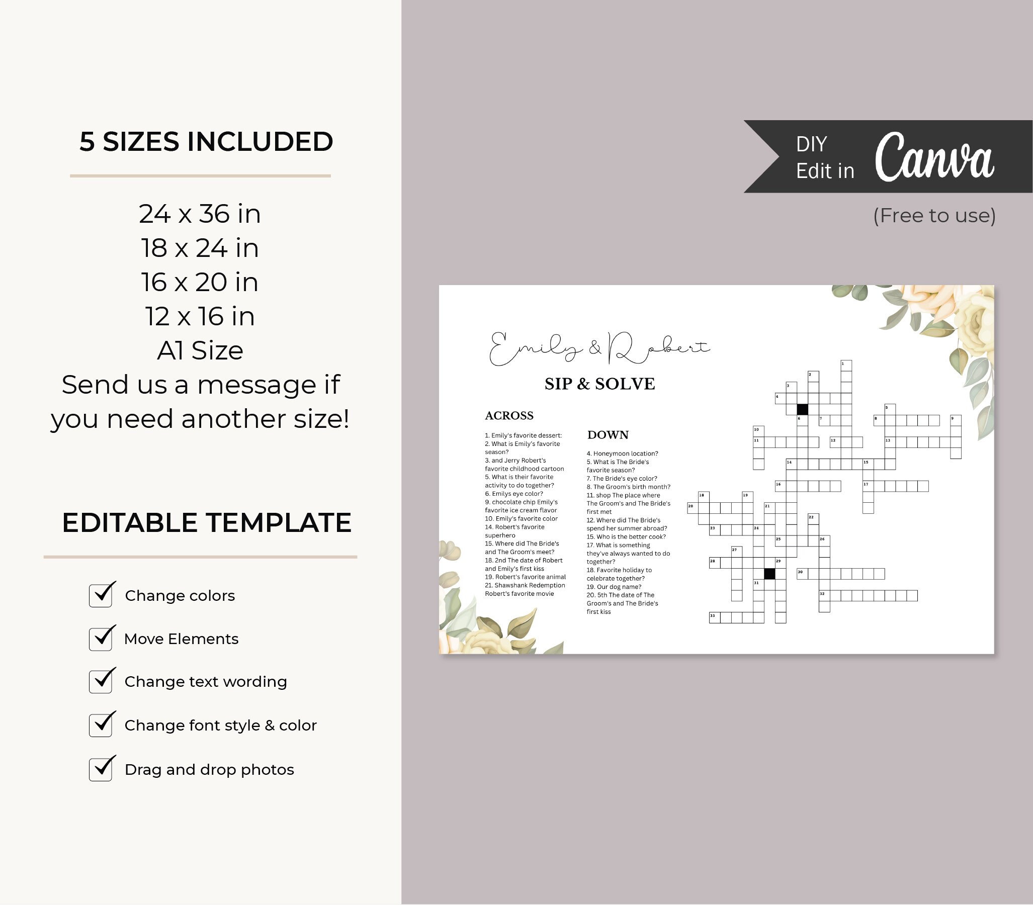 Cocktail hour game wedding crossword puzzle template wedding game cocktail hour sign bridal shower game template wedding sign canva template