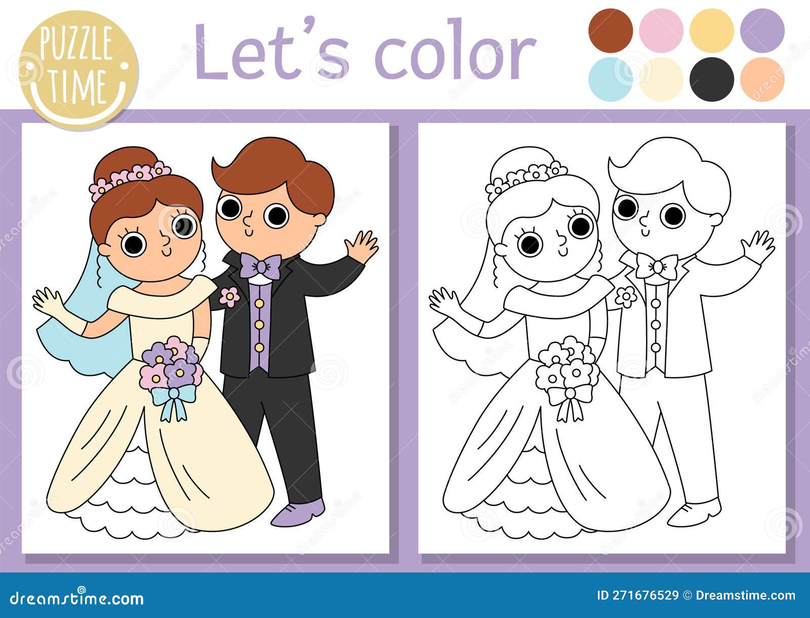 Wedding coloring page for children with cute just married couple vector marriage ceremony color book for kids with bride groom stock vector
