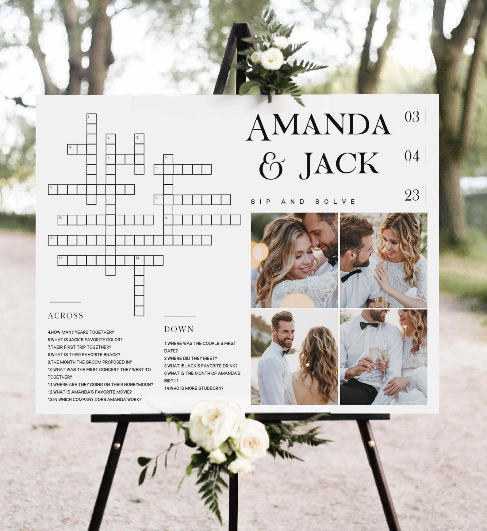 Wedding crossword puzzle with photo template printable bridal shower party activities decor wedding sign game giant crossword puzzle banner