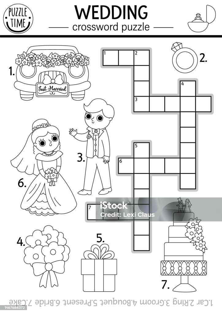 Vector black and white wedding crossword puzzle for kids simple line marriage ceremony quiz or coloring page matrimony activity with bride and groom family holiday cross word stock illustration